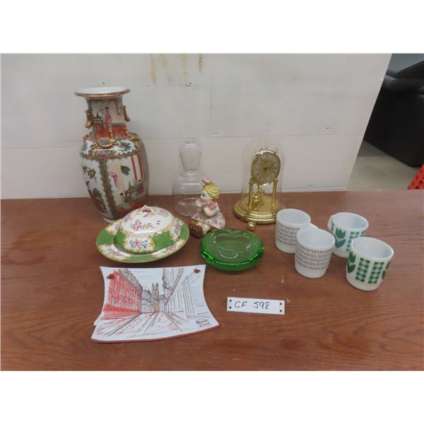 Art Glass Ashtray, Covered China Butter Dish, 4 Coffee Mugs, Vase, Figurine, Anniversary Clock With