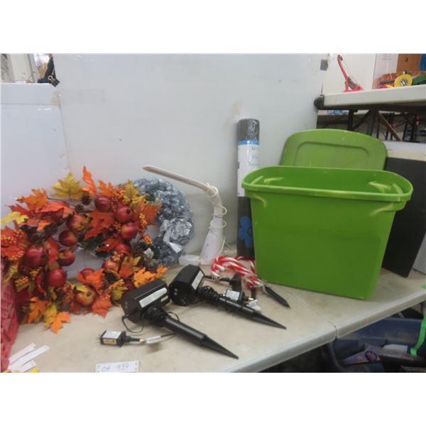 Yoga Mat, Holiday Wreaths, 2 Laser Projector Lights, Desk Lamp, and Tote