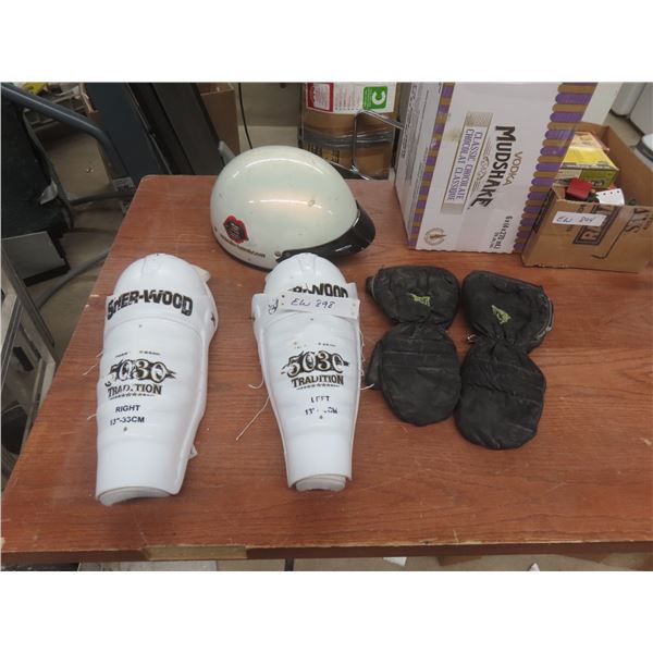 Harley-Davidson Helmet, Size Medium; Snowmobile Mitts, Size Small; Shin Pads, 13"