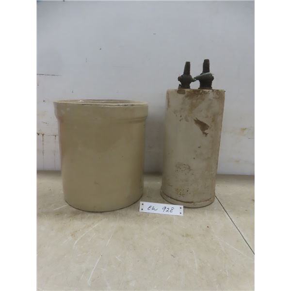 2-Gallon Stoneware Crock and Vintage Lye Solution Stoneware Container With Brass Dispenser