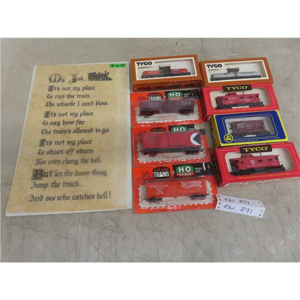 New HO Gauge Model Train Cars Including Caboose, Freight, and Tanker