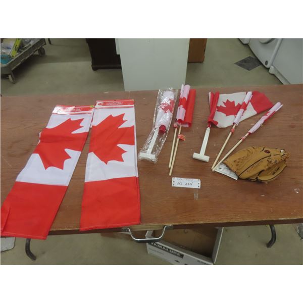 2 New Canada Flags, 24" x 36", Smaller Flag, and Right-Handed Spalding Glove
