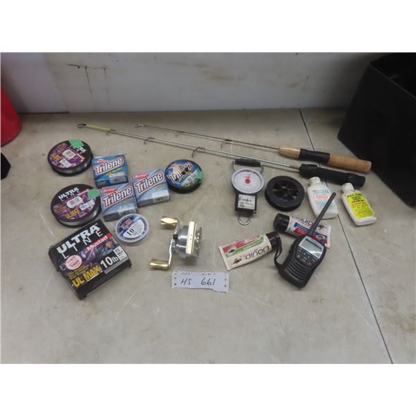 Fishing Gear: Reel, 2 Ice Fishing Rods, 8 Spools of Line, Scale & Tape Measure