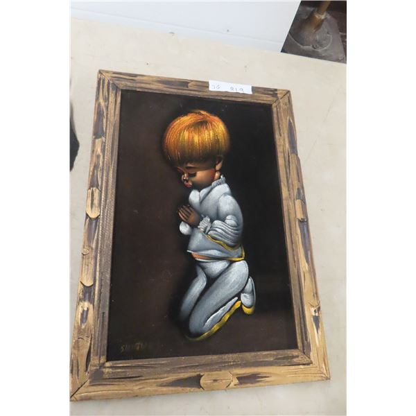 Signed Black Velvet Painting of a Praying Boy