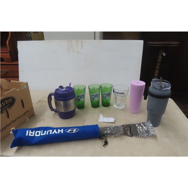 Drink Holders, 4 Beer Glasses, and Hyundai Barbecue Utensil Set