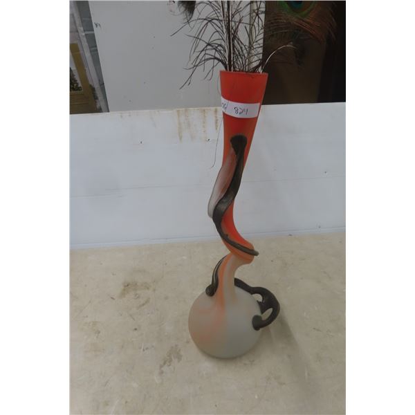 Romanian Rombiast Glass Vase, 24" Tall, With Peacock Feathers