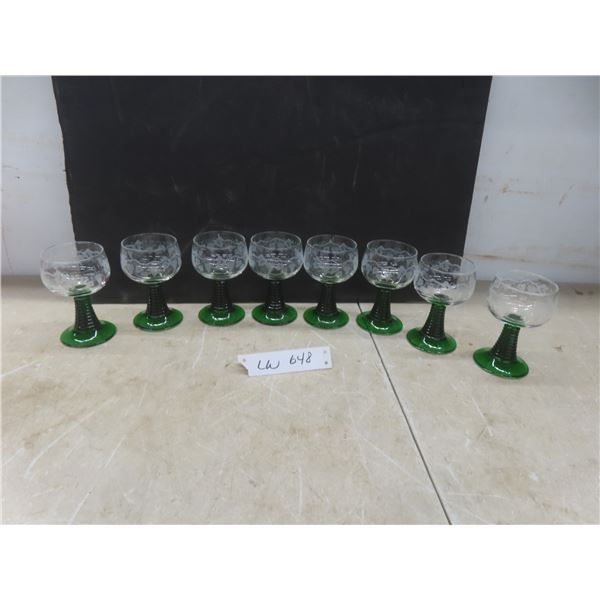 8 Vintage Luminarc Roma-Style Wine Glasses w/Green Ribbed Stem
