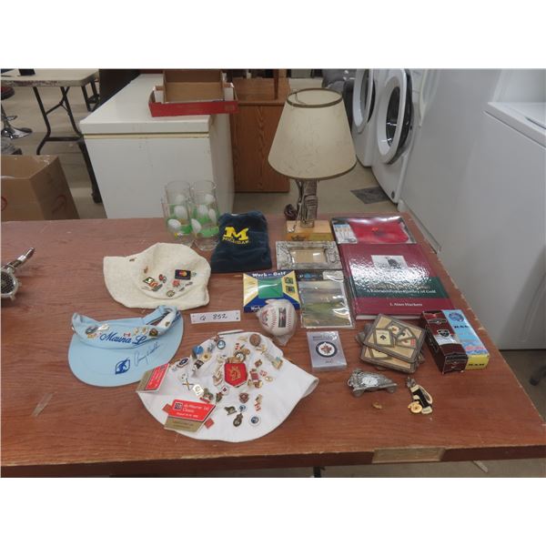Golf Collectibles: Table Lamp 16", Caddy Sack, Golf Balls, 3 Lucky Hats With Pins, Glasses