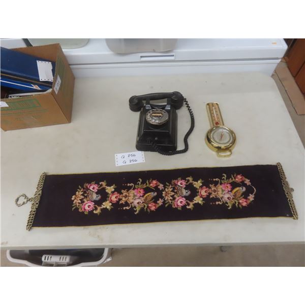 Vintage Desk Rotary Phone and Needlepoint Wall Hanging With Brass Hanger