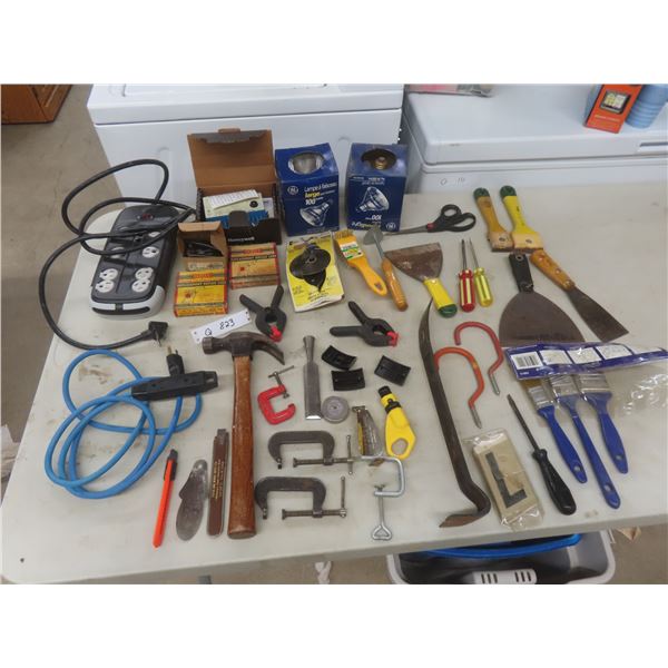 Power Bar, Extension Cord, Clamps, Paint Scrapers, Brushes, 2 Flood Light Bulbs