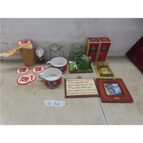 7-Up Cardboard Coasters, Ritz Soup Bowls, Photo Frame, 2 Rickards Glasses, Beer Mug, Coke Glass