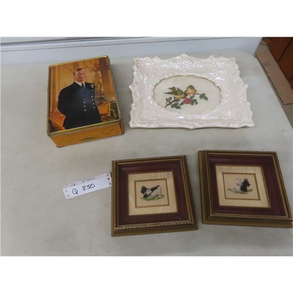 Ceramic Framed Petit Point, 13" x 11"; 2 Scotty Dogs Petit Point, 6 1/2" x 7"; Prince Philip Tin