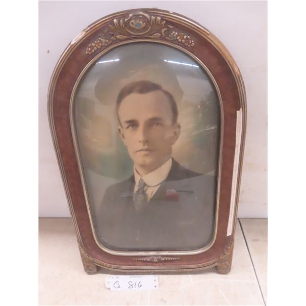 Old Portrait Photo in Frame With Convex Glass, 12 1/2" x 19"