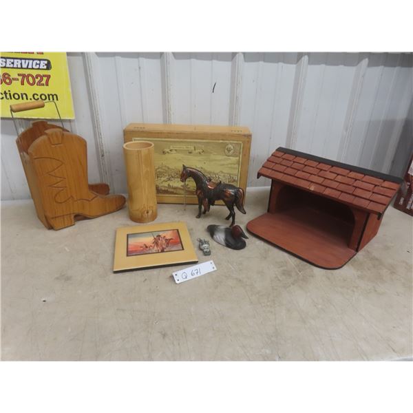 Wood Bird Feeder, Brass Horse, Bamboo Carved Vase, and More