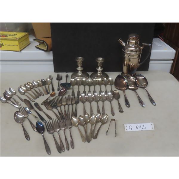 Silver-Plated Silverware, Candlestick Holders, and Cocktail Shaker