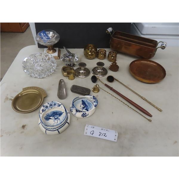 Miniature Copper Planter, Brass Candle Holders, Candlestick Holders, Crystal Ashtray