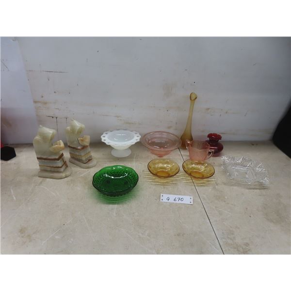 Onyx Bookends, Depression Glass Vase, Candy Dish, and More