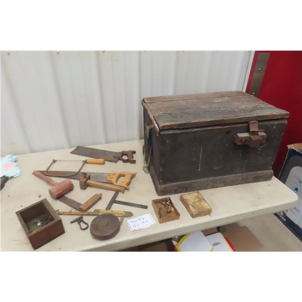 Wood Tool Box With Old Table Saws, Square, Tape Measure, and Hand Plane
