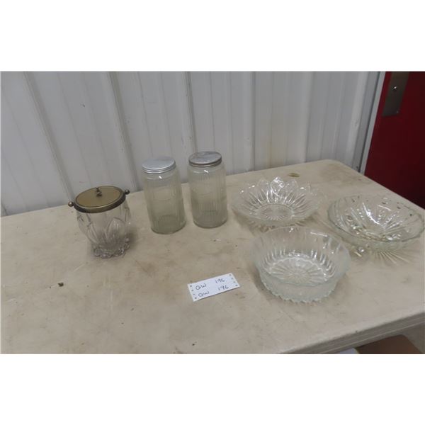 2 Housing Canister Biscuit Tins and 3 Cut Glass Bowls