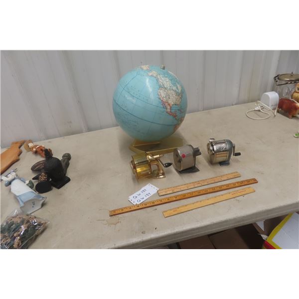 Globe and 3 Vintage Pencil Sharpeners With Ruler