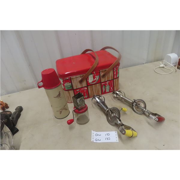 Vintage Picnic Basket, Thermos, Egg Beater Mixer, and More