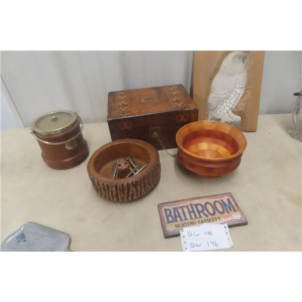 Carved Owl, Lock Box, Tobacco Humidor, and Nut Server