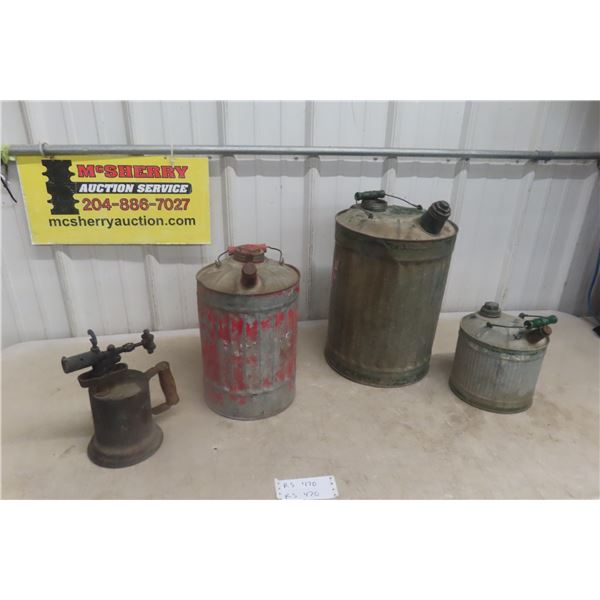 3 Gas Cans and Blow Torch