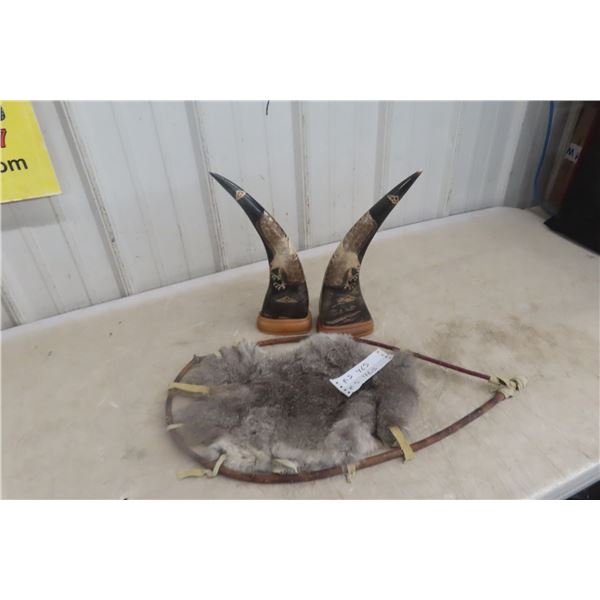 Rabbit Hide Display With Carved Eagle on Horns, 13-1/2" Tall