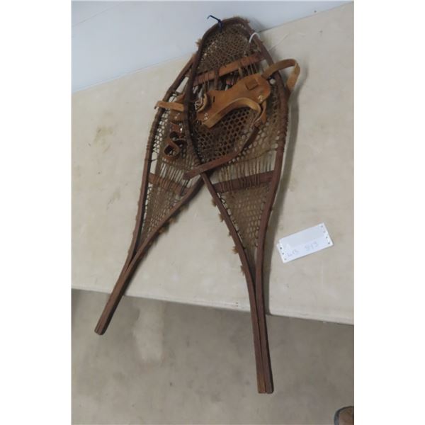 Vintage Snowshoes With Strapping, Measures 37" x 11", Original Pom-Poms