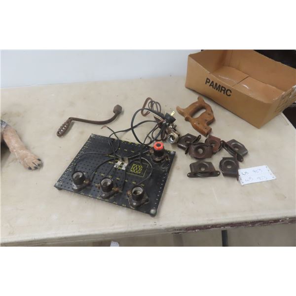Vintage Wood Stove Handles, Clamps, Pulleys, Light Clamp, and Science Lab Electrical Board