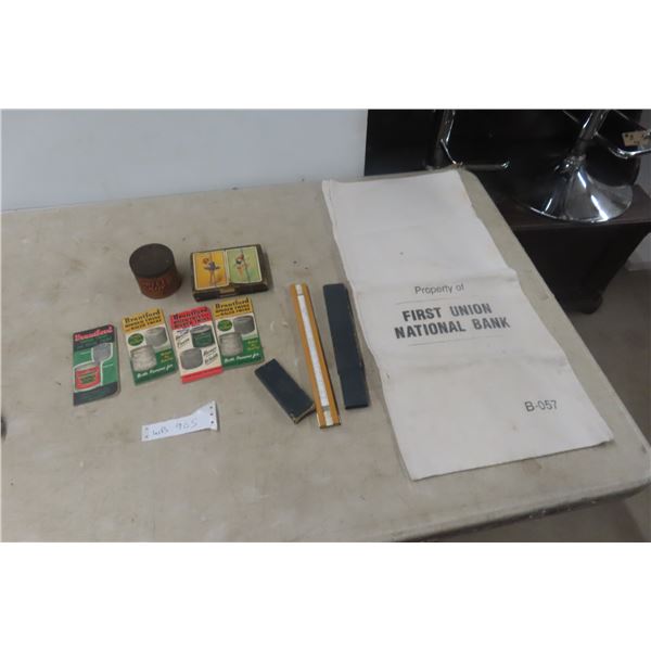 Binder Twine Booklets, Bank Bag, Hughes-Owen Slide Rule, and Playing Cards