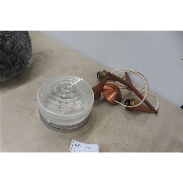 2 Vintage Art Deco Ceiling Light Fixtures, Danish & Milk Glass