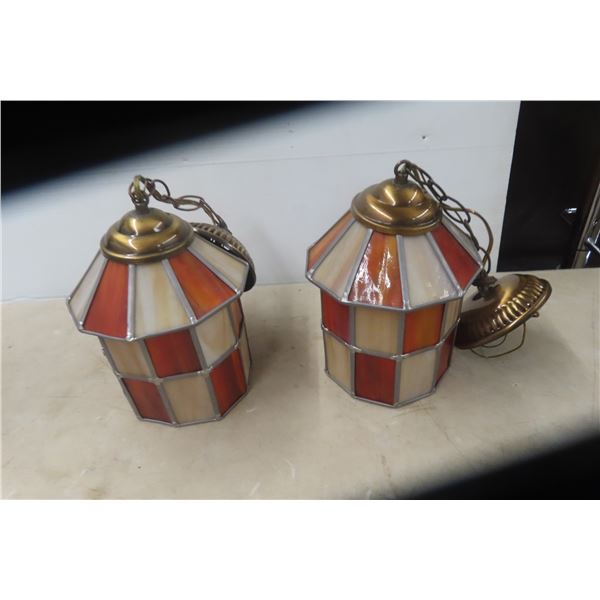 Vintage Pair Stained Glass Matching Hanging Light Fixtures
