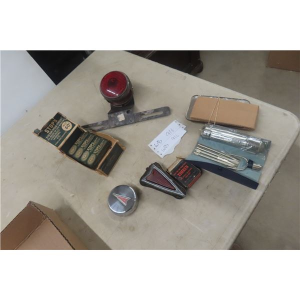 Vintage Chevy License Plate & Light Assembly, 2 Emblems, 4 Frost Shield Boxes & Glove Box Accessory