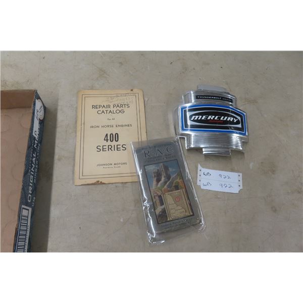 Vintage Johnson Motors Repair 400 Series Catalog, Mercury Thunderbolt Engine Emblem & RAC Touring M