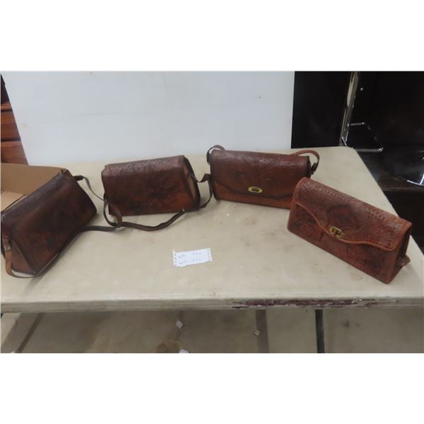 4 Vintage Leather Craft Tooled Hand Bags With Straps