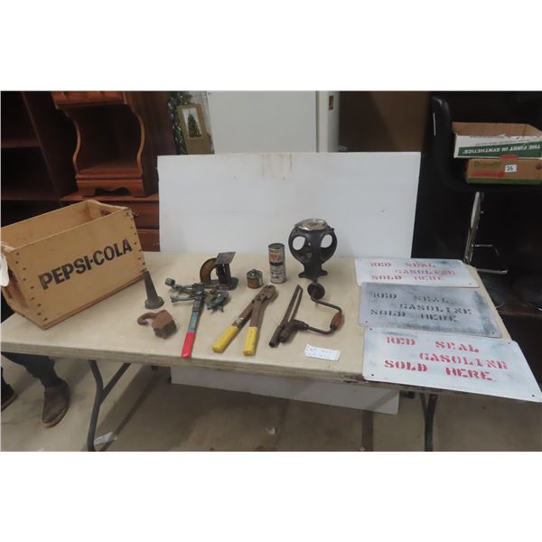 Vintage Pepsi Wood Crate, Lantern Part & Old Tools Plus More, 3 Red Seal Metal Gas Plates, Scale
