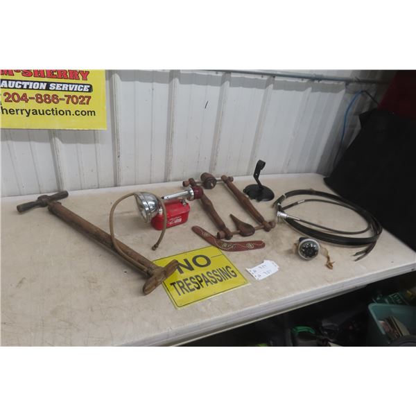 2 x Metal No Trespass Signs, Air Pump, Vintage Flash Light, and More