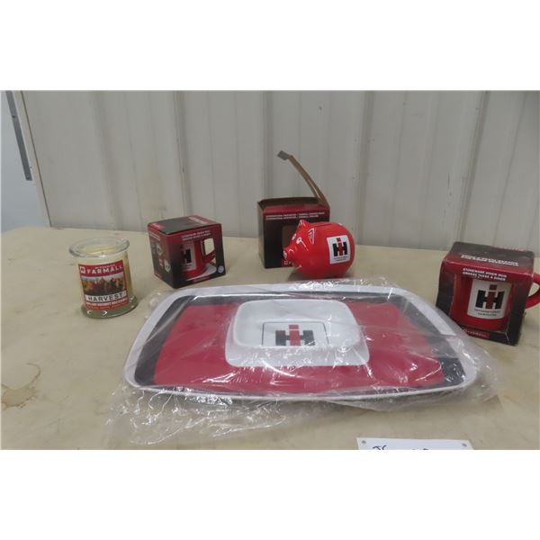 International Harvester Gift Lot With Tray, Cups, Piggy Bank, And Candle