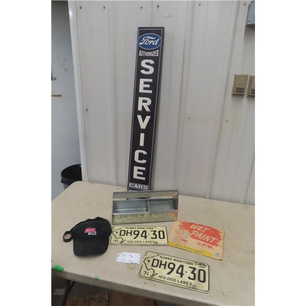 Vintage License Plates And Sign Lot With Metal Tool Box