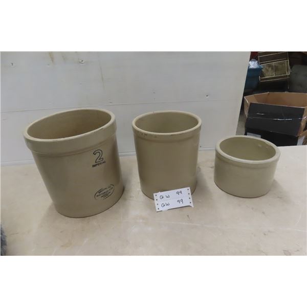 3 Medalta Stoneware Crocks With 1 Small Crock - 2 Gal, 1 Gal, 1/2 Gal