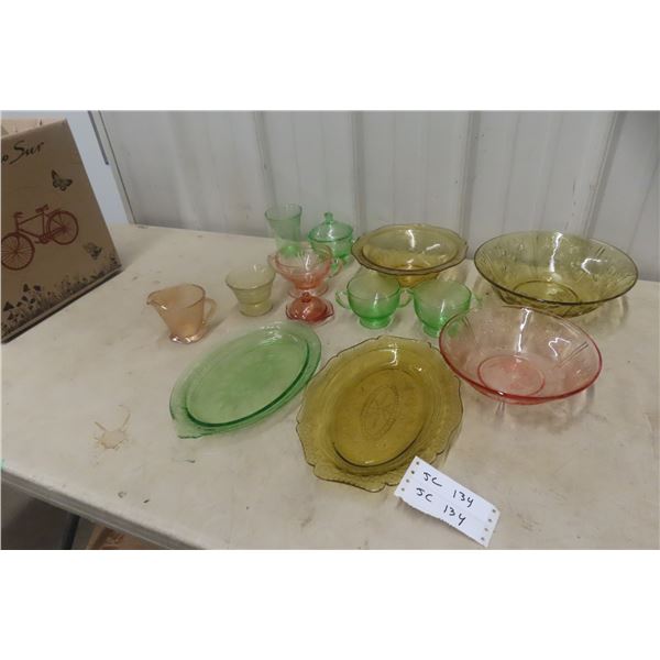 Depression Glass Assortment Including Bowls And Cups
