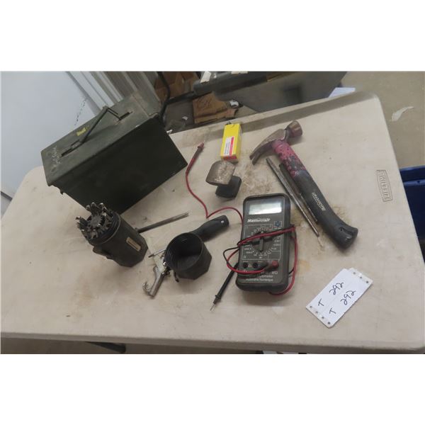 Mastercraft Digital Multimeter, Framing Hammer, Wedge Drill Bit, Metal Ammo Box