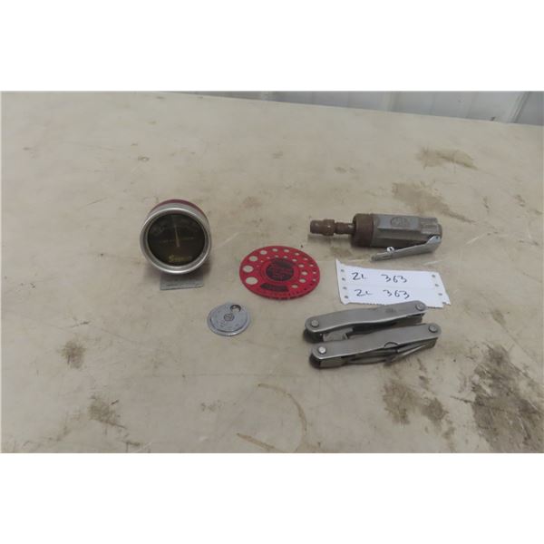 Tool Lot Including Snap-On DC Amp Gauge, Drill Bits, MAC Spark Plug Gauge, Multi-Fuel Tool, And Air