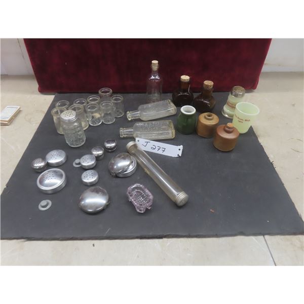 Vintage Electric Oil Bottles, Bovril Bottles, Salt Shakers, Extra Lids 