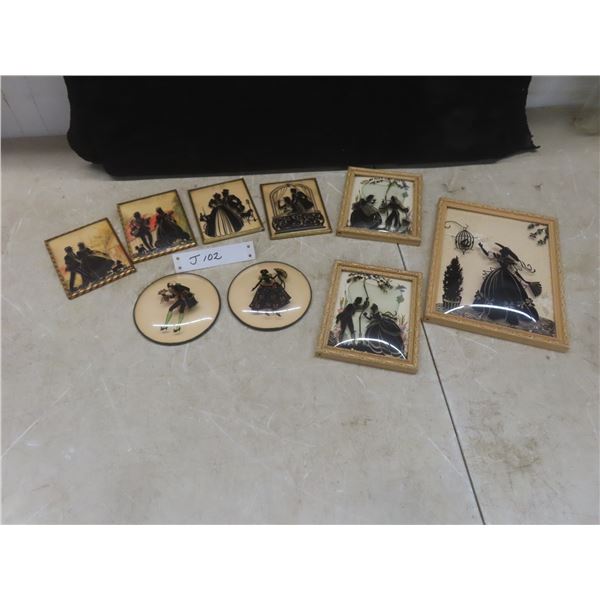 9 Antique Silhouette Pictures, Largest 9" x 7"