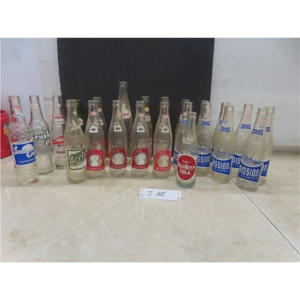 23 Soda Bottles: Bubble Up, Artic, Red Rock Cola, Pepsi, Mission, Plains City