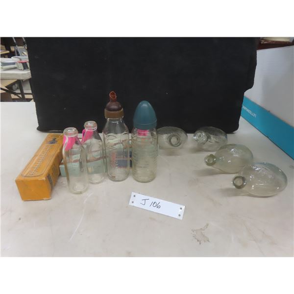 9 Antique Glass Baby Bottles Including "Murder Bottle", 7 Nipples In Original Boxes