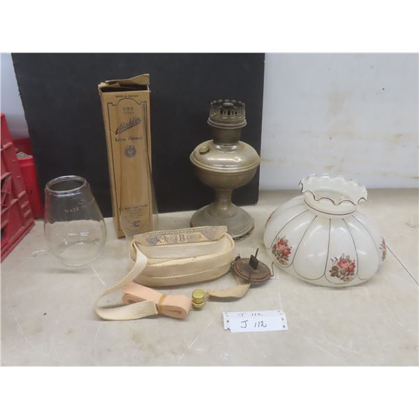 Aladdin Lamp Chimney With Box, Oil Lamp Base, Shade, Wick With Label And More