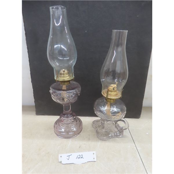 2 Vintage Oil Lamps: Light Purple Base, Peanut Style Glass 16" Tall, Clear Glass With Finger Loop 1